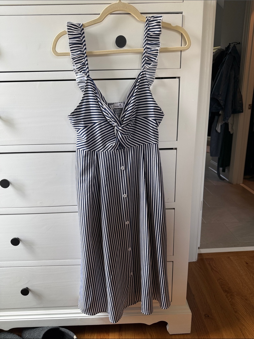 Striped Navy and White Midi Dress with Front Knot